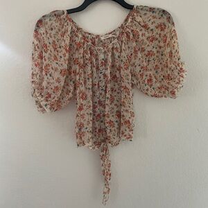 Poetry size small cream, orange floral sheer tie-up TOP